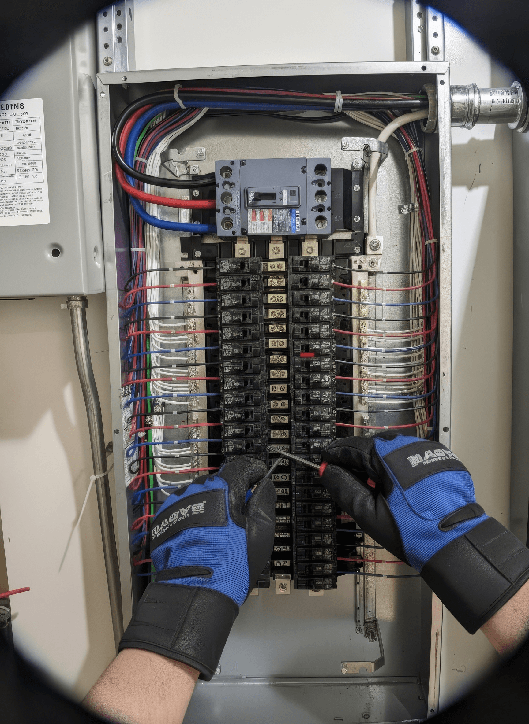First-person perspective of electrician's hands installing electrical panel components with precision