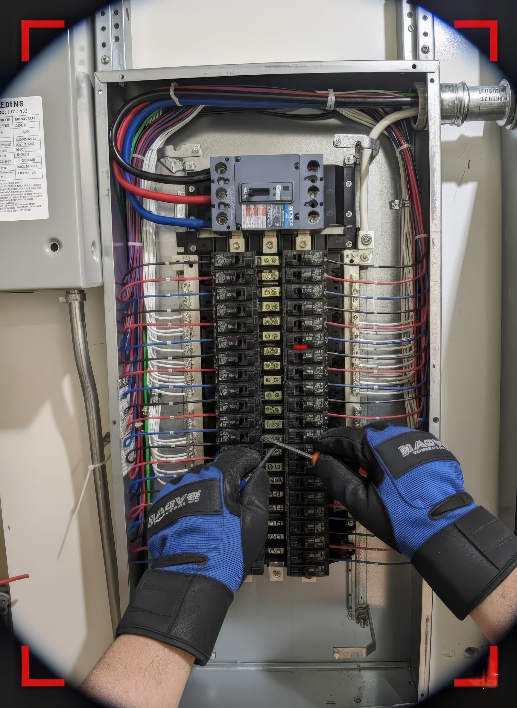 First-person perspective of electrician's hands installing electrical panel components with precision