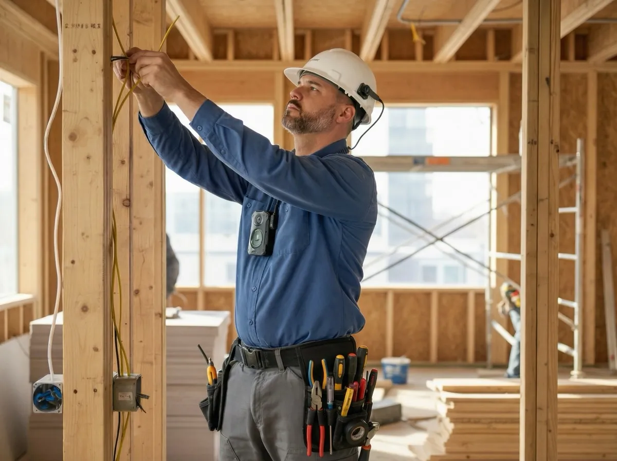 Skilled electrician performing professional electrical work from first-person perspective